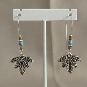 Southwestern Silver Metal Beaded Leaf Pierced Earrings